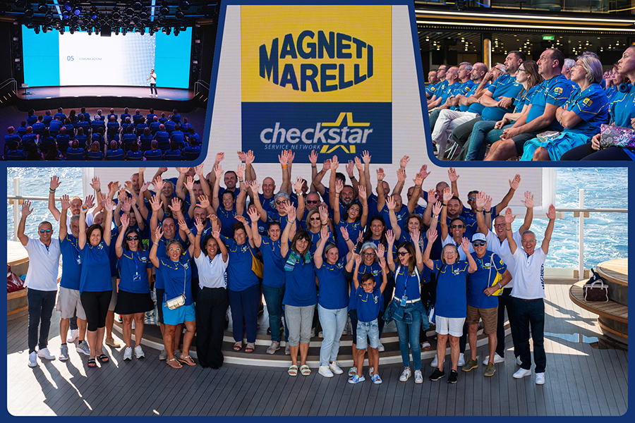 Highlights of the Magneti Marelli Checkstar Incentive Cruise: Group photo on the deck and networking and training activities on board.
