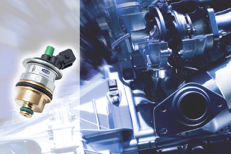 Picture of a Magneti Marelli Parts & Services LPG injector for LPG vehicles on the left and a generic engine on the right. The injector represents the new range of components dedicated to LPG vehicles.