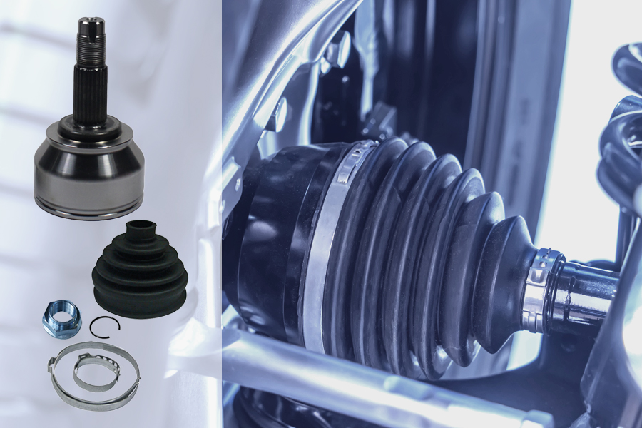 Magneti Marelli Parts & Services transmission components: driveshafts, CV joints, and CV boots for replacement, with a detailed view of a driveshaft mounted on a vehicle.