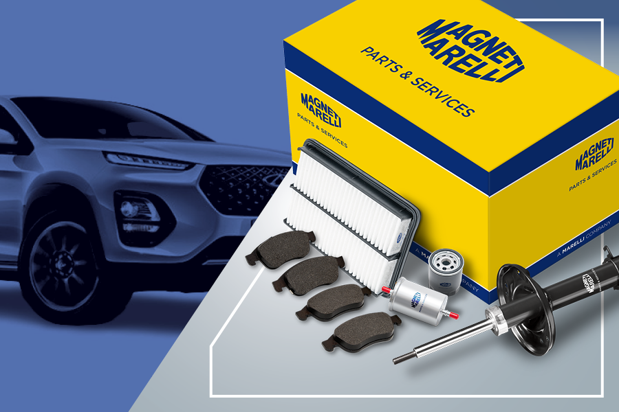 Yellow-blue Magneti Marelli Parts & Services box and spare parts (brake pads, air/oil/fuel filters, shock absorber) with a Chinese car in the background