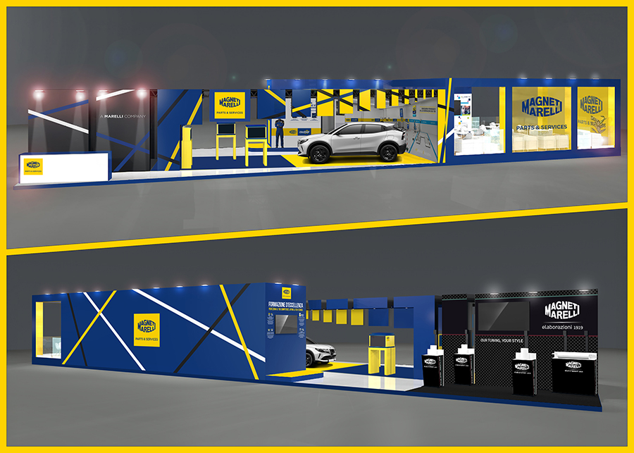 Rendering of the Magneti Marelli Parts & Services stand at Autopromotec 2025: panoramic view of the 260 m² exhibition area with its characteristic yellow and blue colours and the various themed areas dedicated to spare parts, equipment and services for the automotive aftermarket.