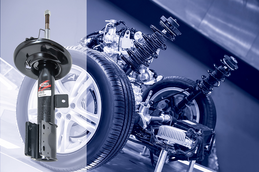 Gruppo sospensioni ruota affiancata da un ammortizzatore Magneti Marelli Parts & Services