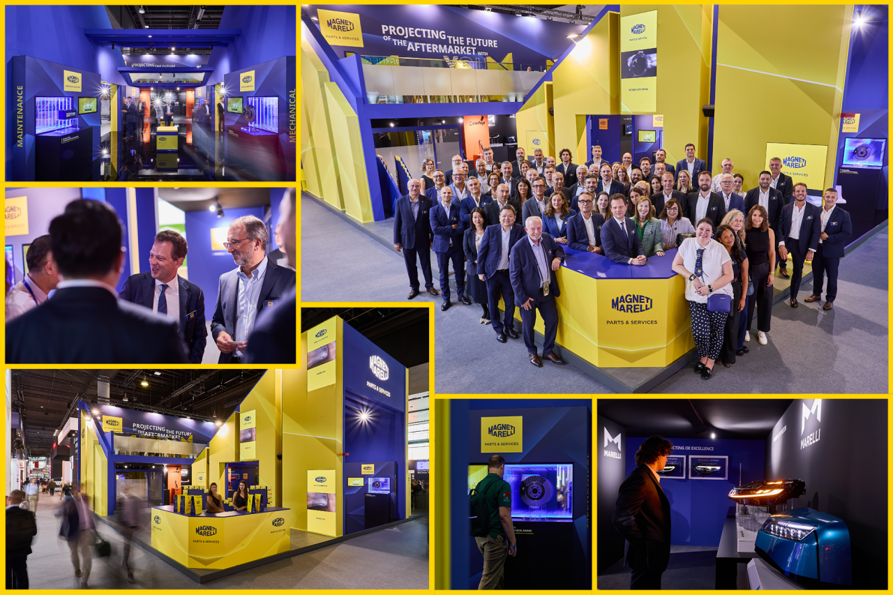 6-photo collage from the stand at Automechanika 2026: products, conversations, EMEA team group photo and people viewing components