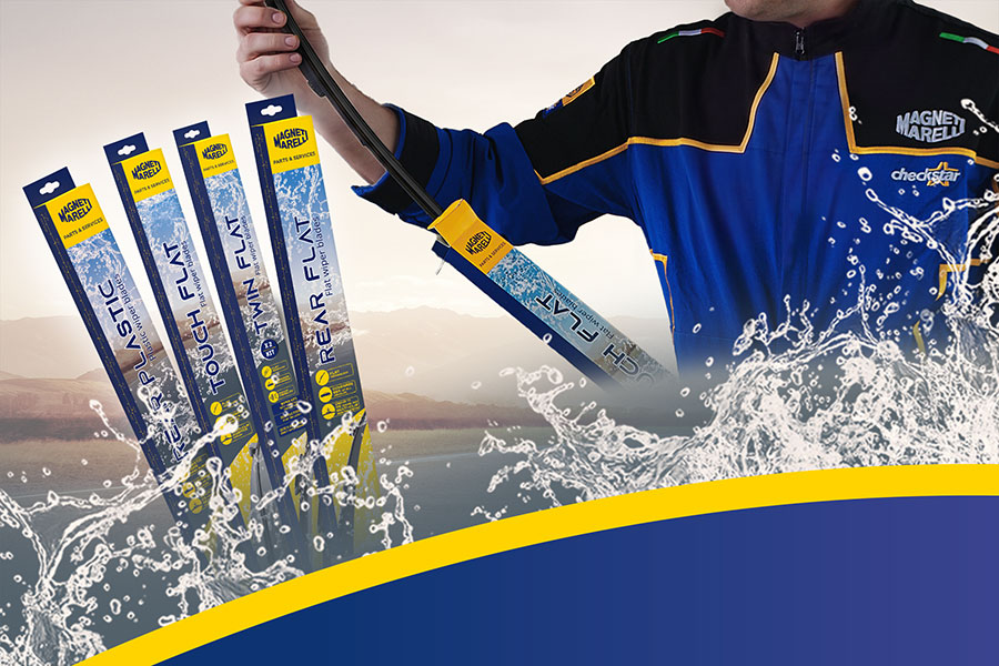 Wiper blade range with Touch Flat, Twin Flat, Rear Flat, and Rear Plastic packaging beside a Checkstar technician extracting a Touch Flat blade