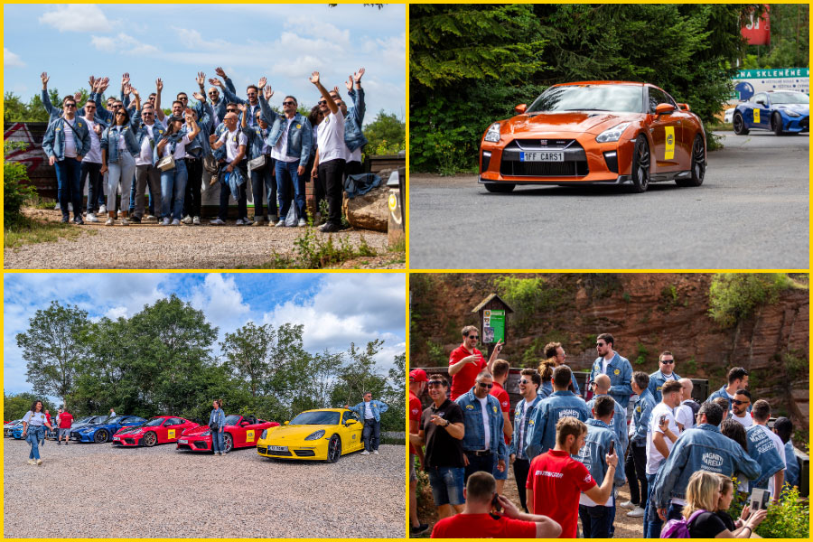 Collage showing four moments from the Prague incentive trip with French partners, including group activities and a driving experience.