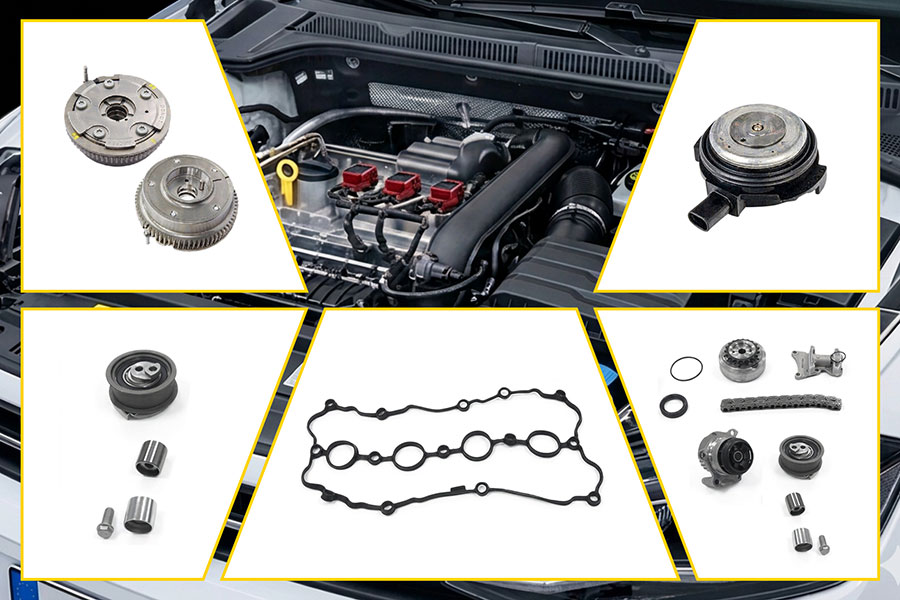 Engine bay with a collage of Magneti Marelli Parts & Services engine timing components: Timing Chain Kit, Super-Kit, VVT camshaft phaser and OCV valve.
